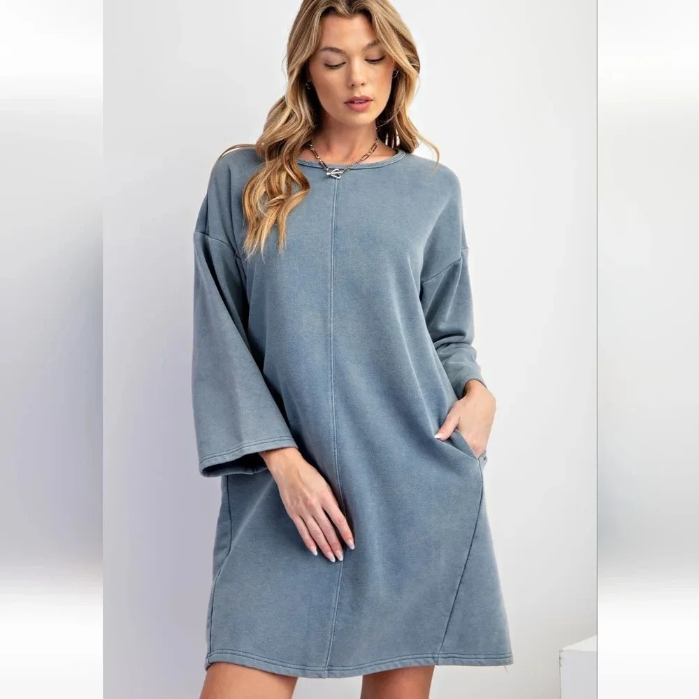 New Easel Blue Mineral Washed Terry Knit Dress M